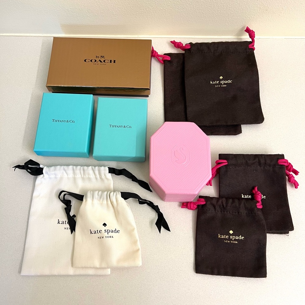 Jewelry boxes and pouches from Coach, Tiffany & Co., Kate Spade and Swarovski